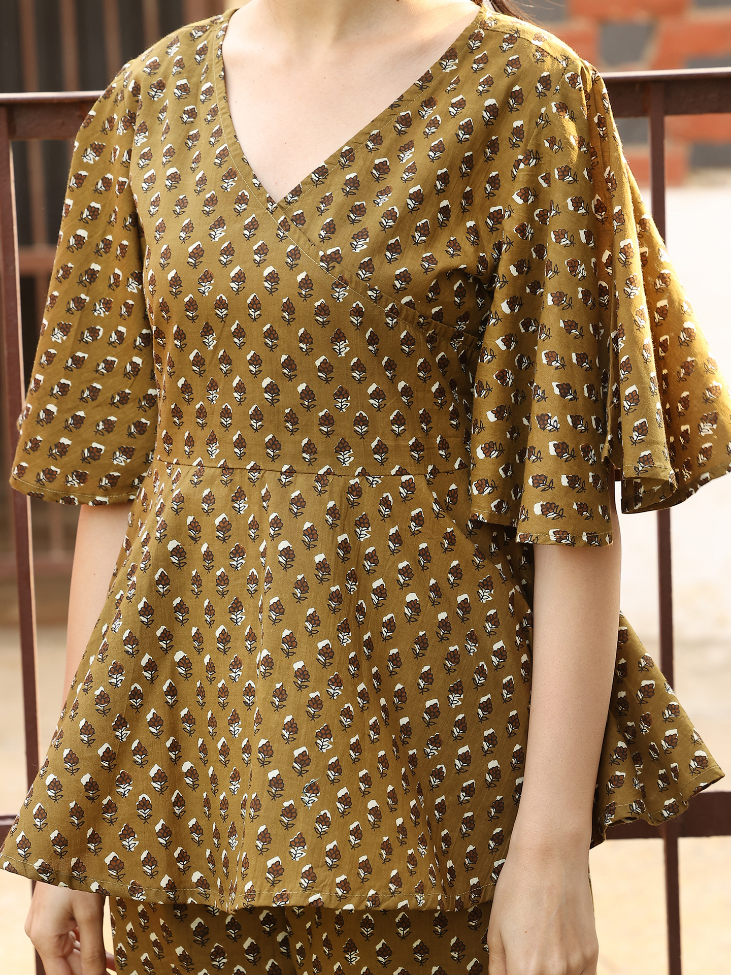Yellow Hand Block Bagru Printed  Frilled Sleeve Cotton Co-ord Set